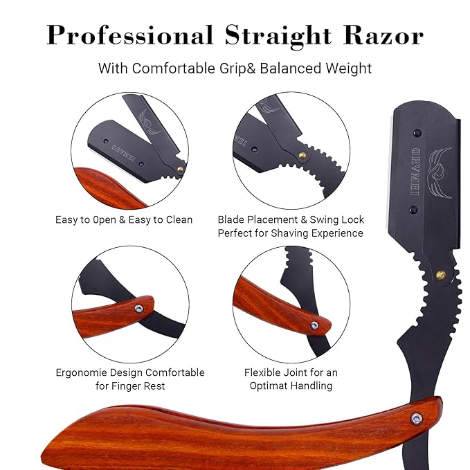 Straight Edge Barber Razor - Professional Stainless Steel Shaver with Shaving Strop for Men's Home & Salon Grooming (Black)