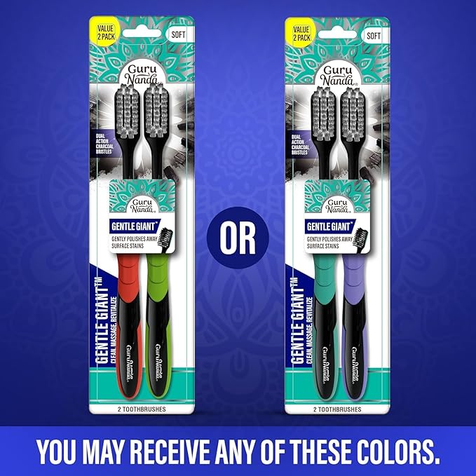 GuruNanda Gentle Giant Charcoal Toothbrush - Dual Action Flossing Spiral Bristles, Non-Slip Ergo Dexa Grip Handle, Helps in Teeth Whitening, BPA Free, 2ct (Pack of 2)