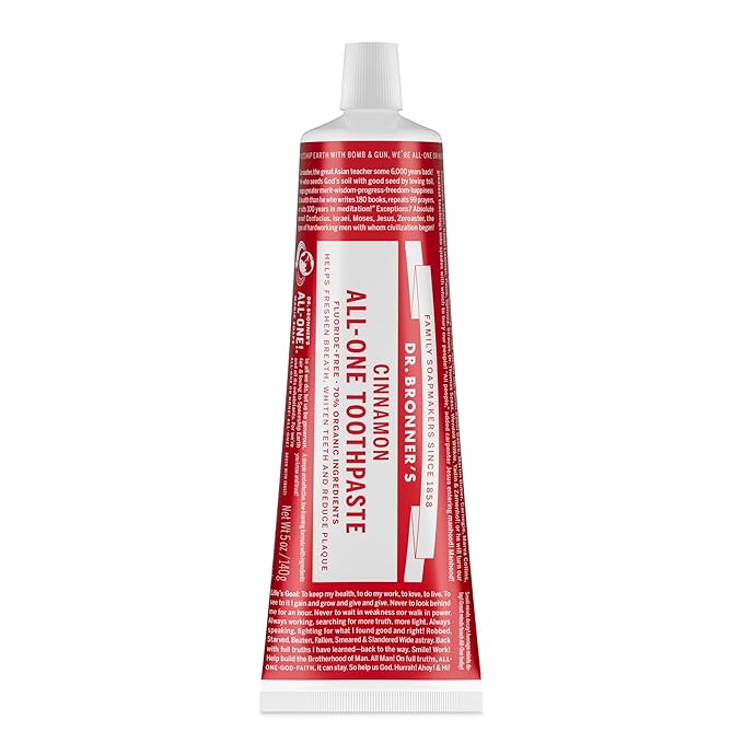 Dr. Bronner’s All-One Toothpaste – Cinnamon, 5 oz, 1-Pack – Fluoride-Free Toothpaste for Adults, SLS-Free, 70% Organic & Natural Ingredients, Vegan, Helps Freshen Breath, Reduce Plaque, Whiten Teeth