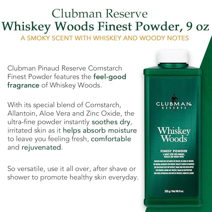 Clubman Reserve Whiskey Woods Finest Powder – Classic Men’s Body Powder for Men, Moisture & Odor Control, Barbershop Whiskey Wood Scent, 9 oz
