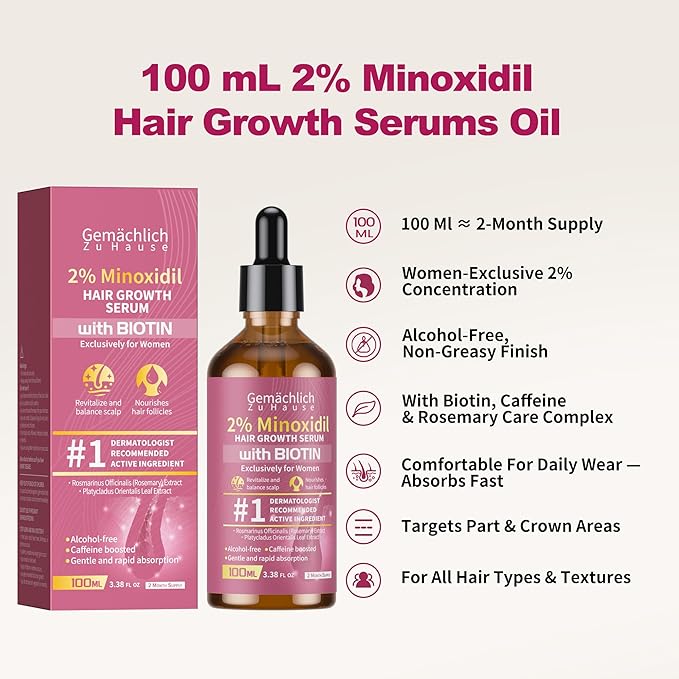 Minoxidil for Women Hair Growth with Biotin, 100ML Topical Minoxidil Serum with Rosemary for Hair Regrowth Treatments, Non-Greasy, Helps Prevent Hair Thinning & Hair Loss Solution