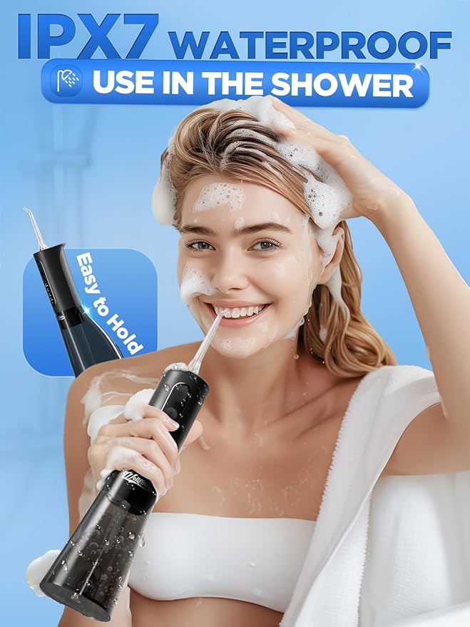 WELLFINE Water Dental Flosser Teeth Pick: Portable Cordless 4 Modes Flossers Pic 300ML Rechargeable Floss Pik Powerful IPX7 Waterproof Oral Irrigator for Cleaning Gum Care Braces for Home Travel