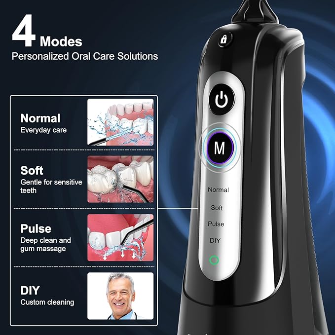 Water Dental Flosser Pick for Teeth: 4 Modes Cordless Portable Water Flossers Teeth Cleaner Rechargeable 300ML IPX7 Waterproof Oral Irrigator Flossing Cleaning Picks for Home Travel