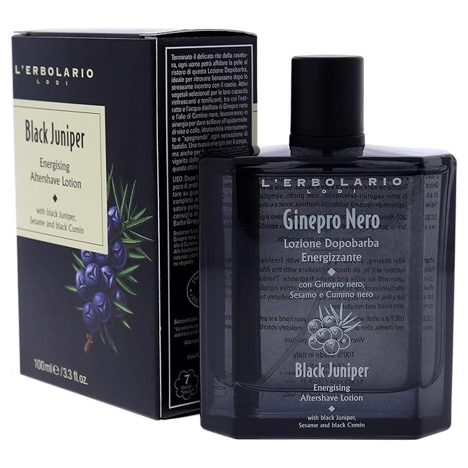 L'Erbolario Energizing After Shave Lotion - Hydrating Aftershave for Men for Soothed Face and Neck - Woody Post Shave Cream - Black Juniper - 3.3 oz