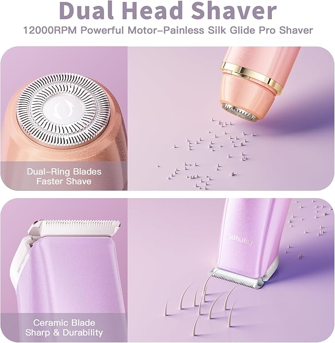Bikini Trimmer for Women, Electric Razors with Dual Heads, Rechargeable Pubic Hair Trimmer with IPX7 Waterproof, Painless Pro Shaver for Underarm Leg Arm Body Face Private Area（DuskyRose）
