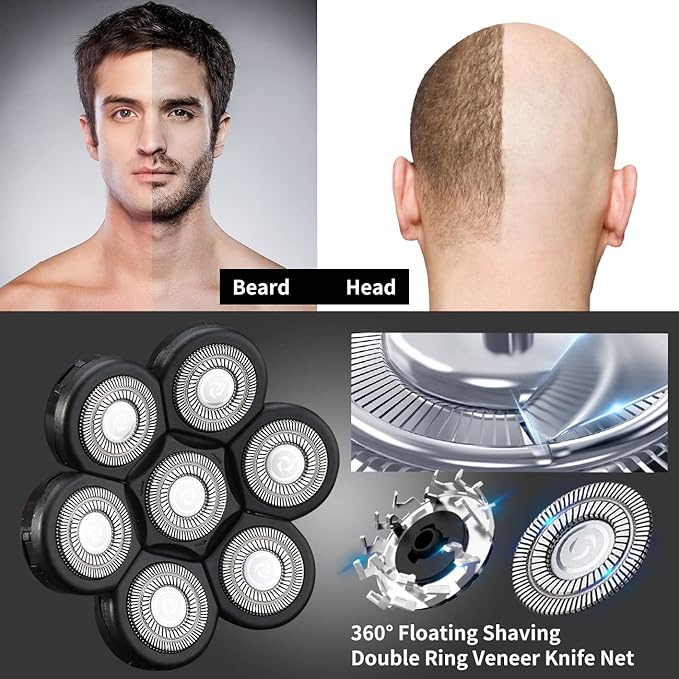 7D Black Electric Razor Replacement Blades - Universal 7 Blade Head Shaver for Men