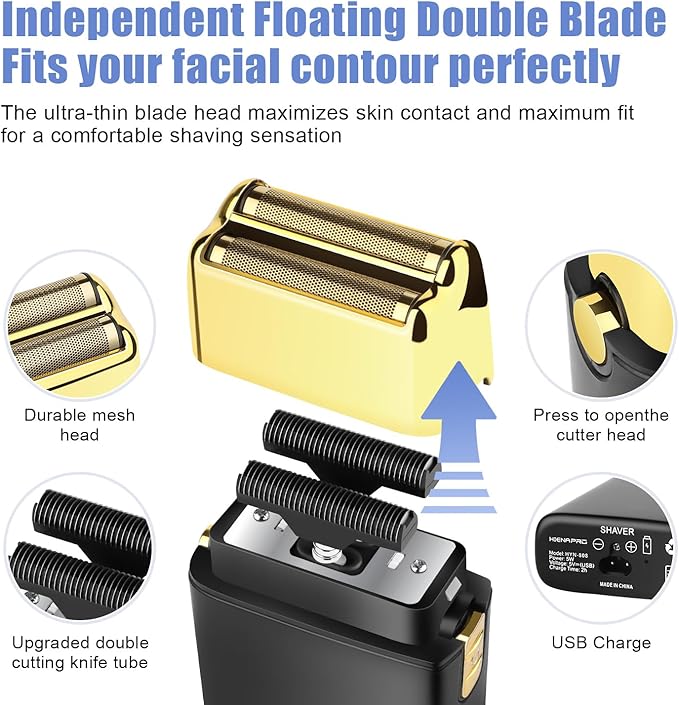 HIENA PRO Foil Shaver for Men Barber, Double Electric Foil Trimmer, Professional Electric Razor, Close Shaver, Cordless Rechargeable with USB, Black Gold