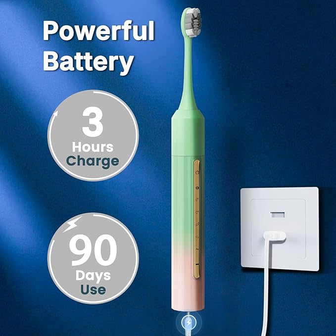 Sonic Electric Toothbrush 42000 Vibrations with 10 Brush Heads Suitable for Adults 90 Days of Use on a Single Charge,5 Modes Built-in 2-Minute Smart Timer, IPX8 Rated Waterproof (Green Pink)