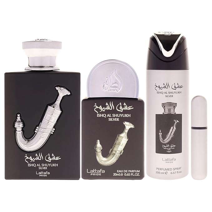 Lattafa Pride - Ishq Al Shuyukh Silver for Men - 3 Pc Gift Set 3.4oz EDP Spray, 6.67oz Perfumed Body Spray, 0.67oz EDP Spray