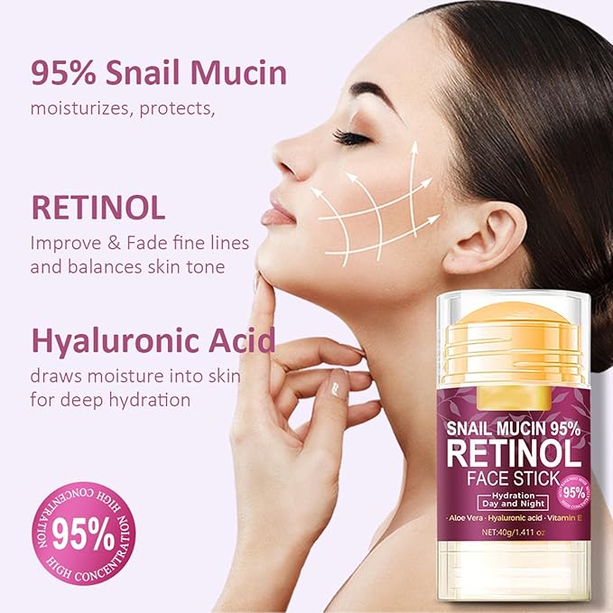 Hydrating Face Balm Stick with 95% Snail Mucin, Retinol and Hyaluronic Acid Multi Balm Stick Moisturizer for Day and Night Deep Hydration, Moisturizer Stick for Face Anti Wrinkle Skin Repair,1.41Oz