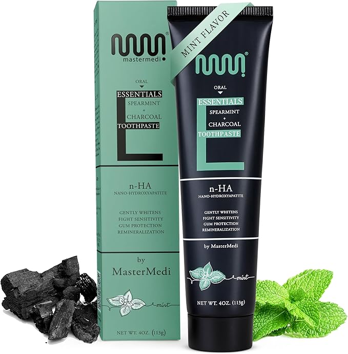 MasterMedi Nano Hydroxyapatite Whitening Toothpaste with Xylitol, Charcoal & Spearmint – Fluoride & SLS Free, Remineralizing Formula for Sensitive Teeth, Enamel Repair, 4 oz (Pack of 1)