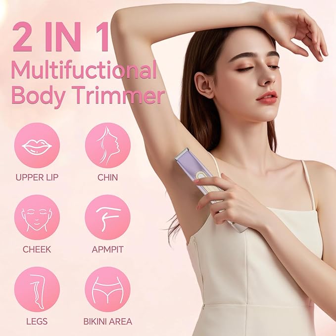 Bikini Trimmer for Women - 2 in 1 Dual Head Electric Razor, Painless Pubic & Body Hair Remover for Face, Legs, Underarms, IPX6 Waterproof, Cordless Rechargeable for Travel, Gift for Her (Purple)