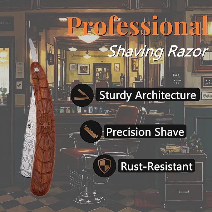 Straight Razor For Men - Premium Stainless Steel Barber Shaving Kit With Wooden Handle & Safety Guard, Single Blade Precision For Smooth Shaving With 10 Blades, Brown Spider Wood Handle