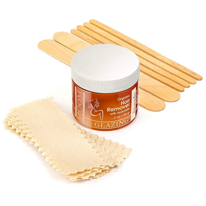 MOOM Organic Hair Removal Kit - Avocado Oil, Agar Agar & Green Tea Glaze, 18 Reusable Strips, 6 Application Sticks, 3 oz. Jar
