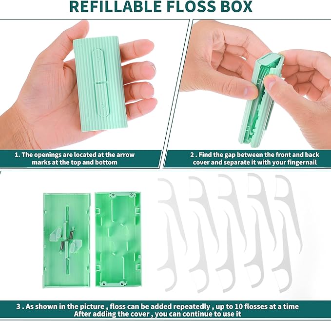 WLLHYF Portable Dental Floss Case Automatic Dental Floss Pick Organizer Travel Flosser Dispenser Storage Refillable Holder Boxes with 10 Floss Picks for Teeth Cleaning