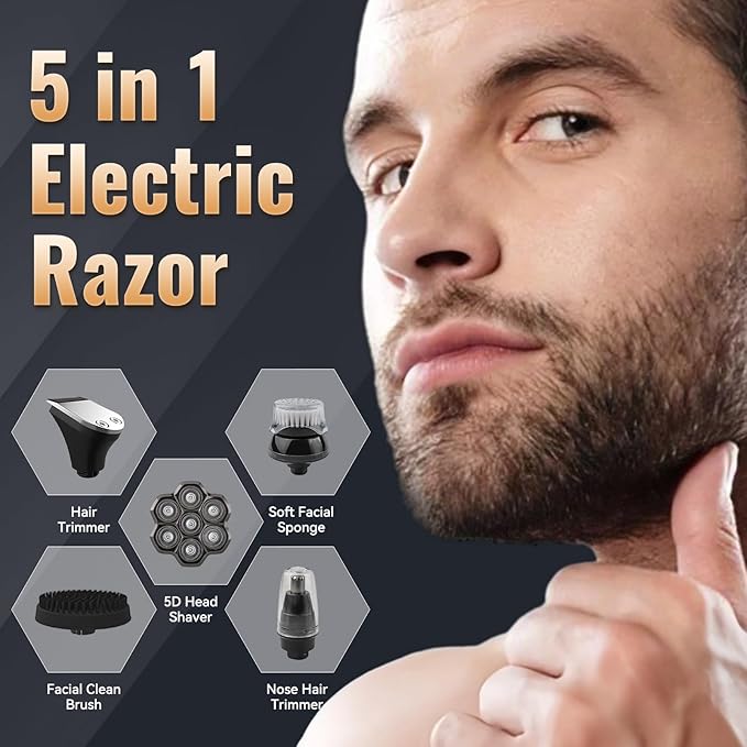 5 in 1 Head Shavers for Bald Men, 7D Skull Head Shaver with Rechargeable Battery, Electric Razor, Hair Clippers, Nose Hair Trimmer, Cleaning Brush, Hair Manager, Idea Gift for Men(Silver)