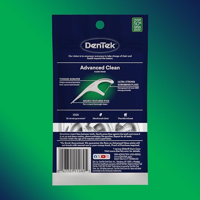 DenTek Advanced Clean Floss Picks with No Break & No Shred Dental Floss, Plaque Remover, 20 Count, Pack of 6