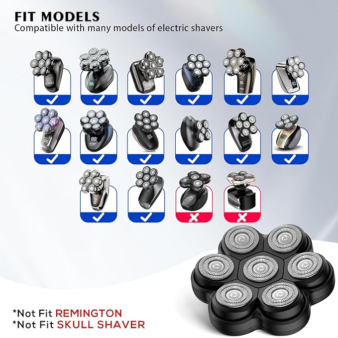 Universal Head Shaver Replacement Heads Magnetic 7 Blades Head Shavers Replacement Blades Compatible with Freebird Shaver & Other Brands (hmblack7)