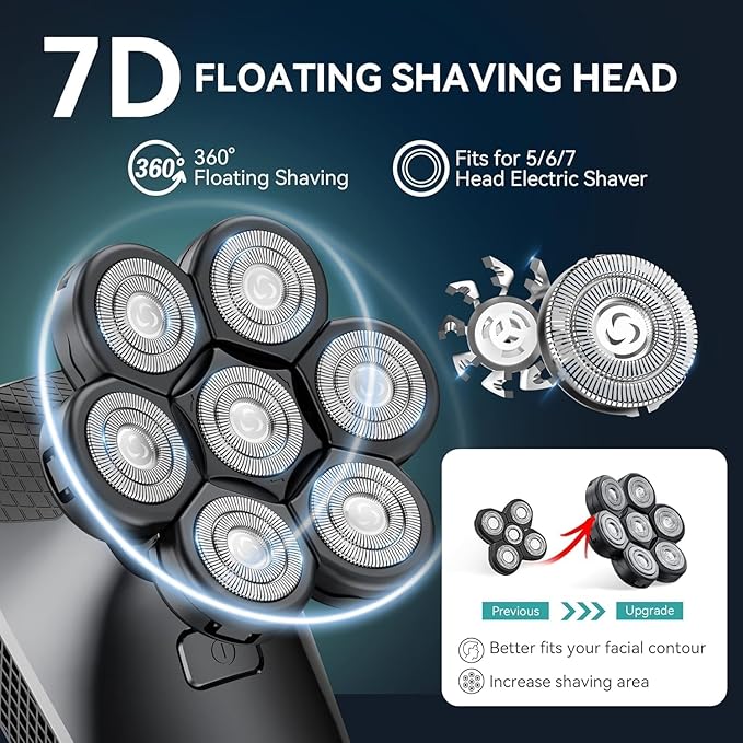 kensen 7D Head Shaver Replacement Head - Electric Shaver Replacement Head 7 Heads for Bald Men Wet and Dry Compatible Many Models Waterproof Head Razor