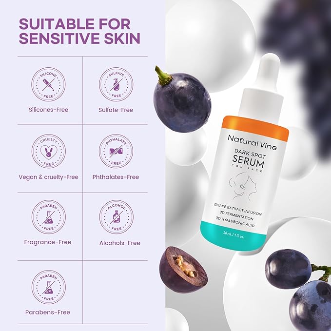 Natural Vine Dark Spot Serum: Dark Spot Remover for Face - Dark Spot Corrector with Grape Extract Fermentation Complex Hyaluronic Acid Vitamin E for Brighter Even Skin Tone 1 FL OZ