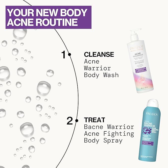 Pacifica Bacne Warrior - Bacne Salicylic Acid Spray, Back Acne Treatment Spray with 2% Salicylic Acid, Niacinamide, and Aloe, Body Acne Warrior for Body, Chest, and Back, Dermatologist Tested- 6 Fl Oz