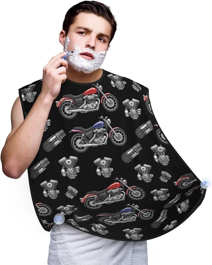No-Slip Shaving Bib, Beard Grooming Apron with Strong Suction Cups, Cool Black Motorcycle