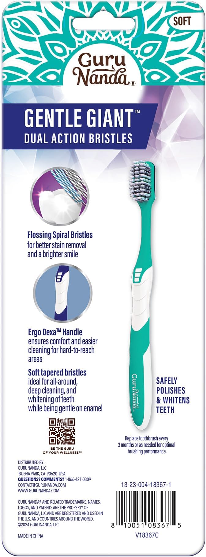 GuruNanda Gentle Giant Toothbrush with Dual Action Flossing Spiral Bristles, Non-Slip Ergo Dexa Grip, Helps in Teeth Whitening, BPA Free, (4 Count)