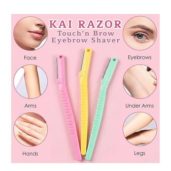 Kai Touch n Brow Eyebrow Razor for Women, 3 Count (Pack of 5), Facial Razor & Dermaplaning Tool with Safety Guard, Peach Fuzz Remover & Precision Brow Trimmer
