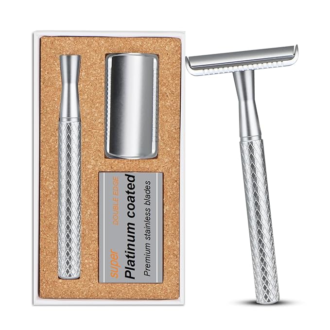 Matte Silver Safety Razor - Single Blade Razors for Men - Reusable Metal Razor, with 5 Stainless Steel Double Edge Blades, Smooth Close Shave, Sustainable, Plastic Free