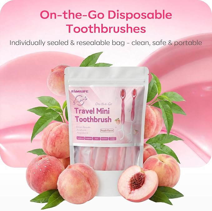 FAMILIFE Travel Toothbrush - 5 in 1 Mini Disposable Toothbrush with Toothpaste, Floss Picks & Tongue Scraper, Individually Wrapped Prepasted Brush for Weekend, Business Trip & Camping (Peach, 24pcs)