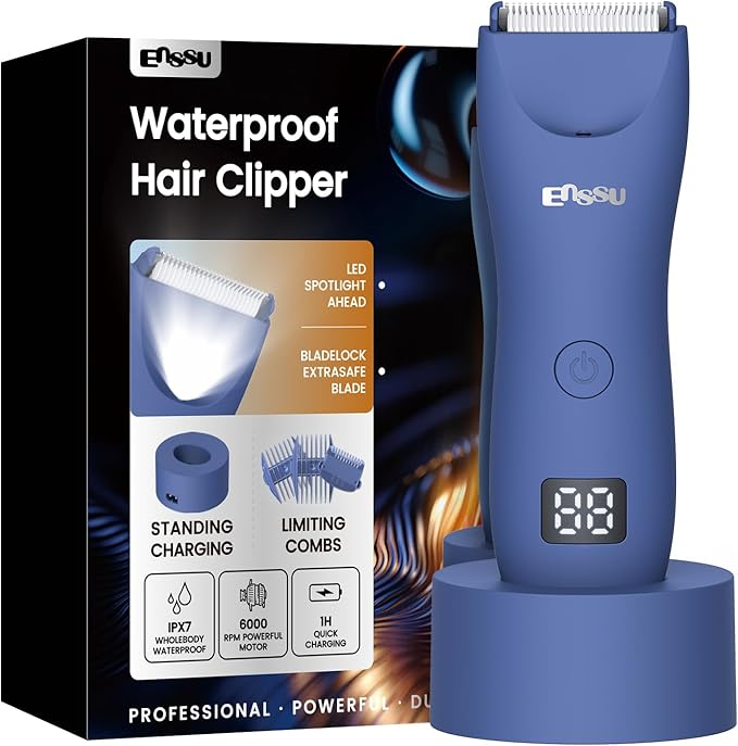 Manscape Trimmer for Men, IPX7 Waterproof Body Hair Trimmer with Ceramic Blade & Spotlight, Rechargeable Electric Groin & Pubic Hair Trimmer, Wet or Dry Use Body Groomer for Legs/Chest