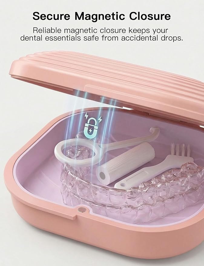 Retainer Case with Vent Holes, Aligner Case for Invisalign, Portable Aligner Kit, Removable Silicone Liner, Orthodontic Storage Box Secure Magnetic Closure for Travel - Pink