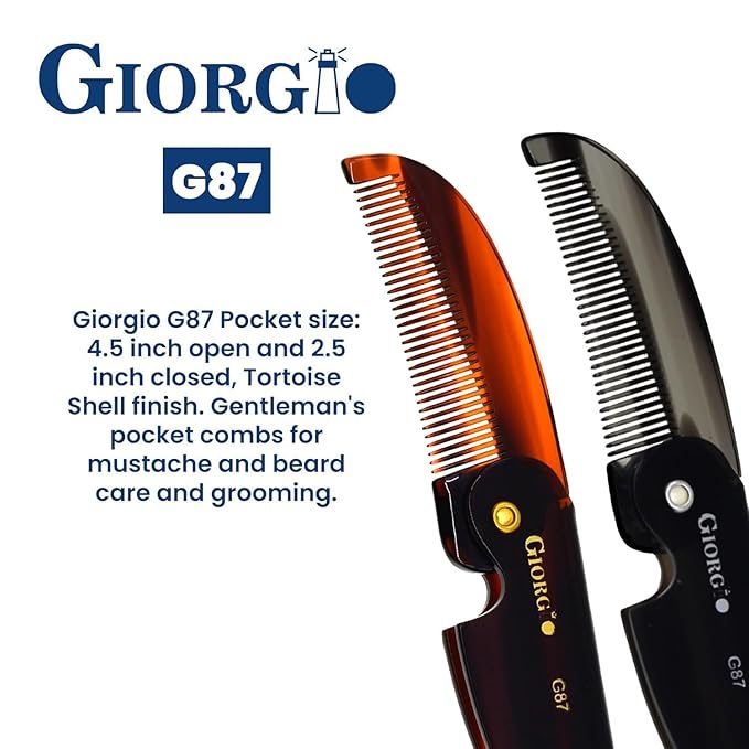 Giorgio G87 Folding Mustache and Beard Comb, Small Pocket Comb for Men,Fine Tooth,Handmade, Saw-cut, Hand Polished,Pocket Styling Combs for Everyday Grooming and All Type of Hair Care (Black Graphite)