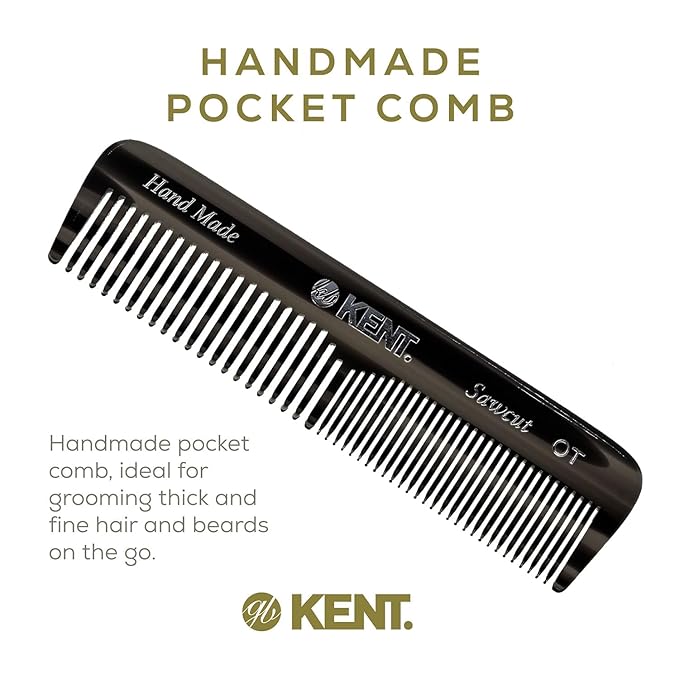 Kent OT 4.5 Inch Small Graphite Double Tooth Hair Pocket Comb, Fine/Wide Tooth Comb For Grooming Styling Hair, Beard and Mustache, for Men, Women and Kids. Saw Cut Hand Polished. Handmade in England