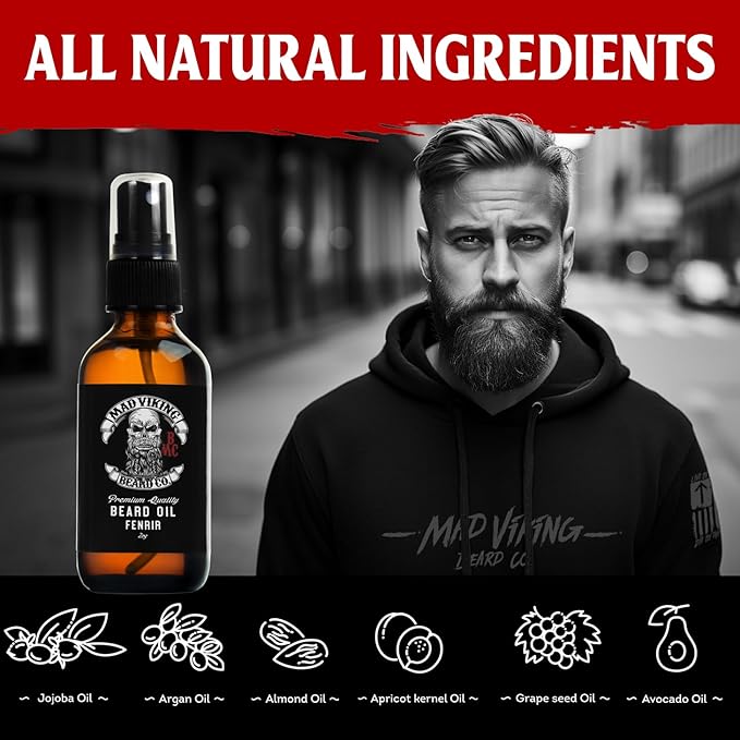 Mad Viking Fenrir Beard Oil – Hydrate, Soften, And Grow Your Beard Naturally. Fight Itch And Dandruff With A Bold Neroli, Rum & Tobacco Scent. Made In The USA - 2oz