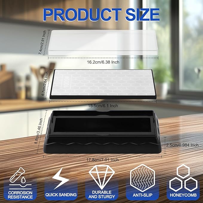 Double-sided Diamond Sharpening Stone,Knife Sharpening Stone with Extra Fine 600/Coarse 200 Grit Diamond Plate, Storage Case with Non-Slip Base & Angle Guide(7 x 3.5 Inch)