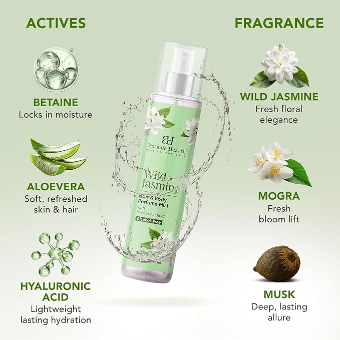 Botanic Hearth Wild Jasmine Hair Perfume for Women & Body Perfume Mist 3.4 fl oz – Alcohol-Free, Hydrating & Refreshing Body Spray with Hyaluronic Acid – Long-Lasting Floral Fragrance
