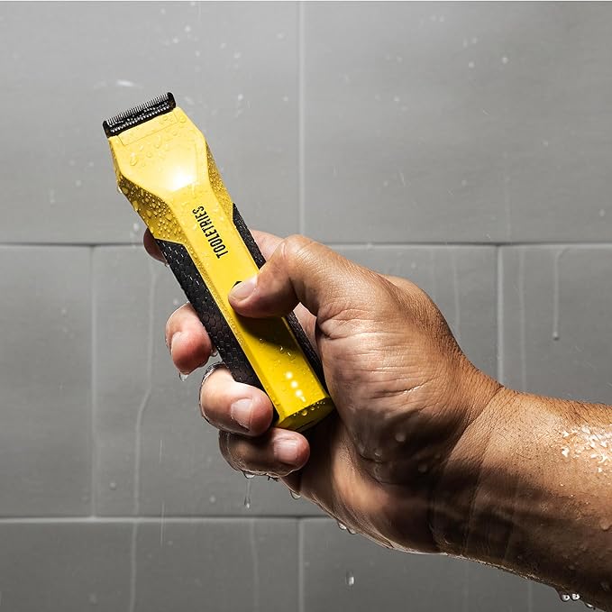 TOOLETRIES The Shearer - Groin & Body Hair Trimmer for Men, Electric Shaver for Pubic Hair, Balls, Groin, Chest, Legs, Waterproof Wet/Dry Clippers, Rechargeable, Bonus Shower Kit - Yellow