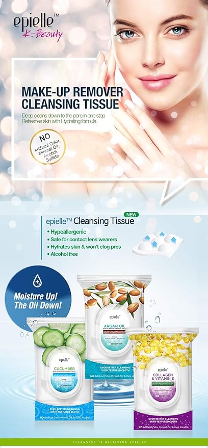 Epielle Cucumber Makeup Remover Wipes, Gentle Daily Facial Cleanser Towelettes, Remove Dirt, Oil & Waterproof Mascara, Stocking Stuffers, 60 Count (Pack of 2)