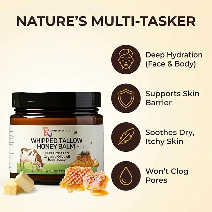 Beef Tallow & Honey Balm, All-Natural Moisturizer with Raw Honey & Olive Oil, Grass-Fed Tallow Cream for Face & Body, Deeply Nourishing Skin Care for Women & Men, Rich Moisture