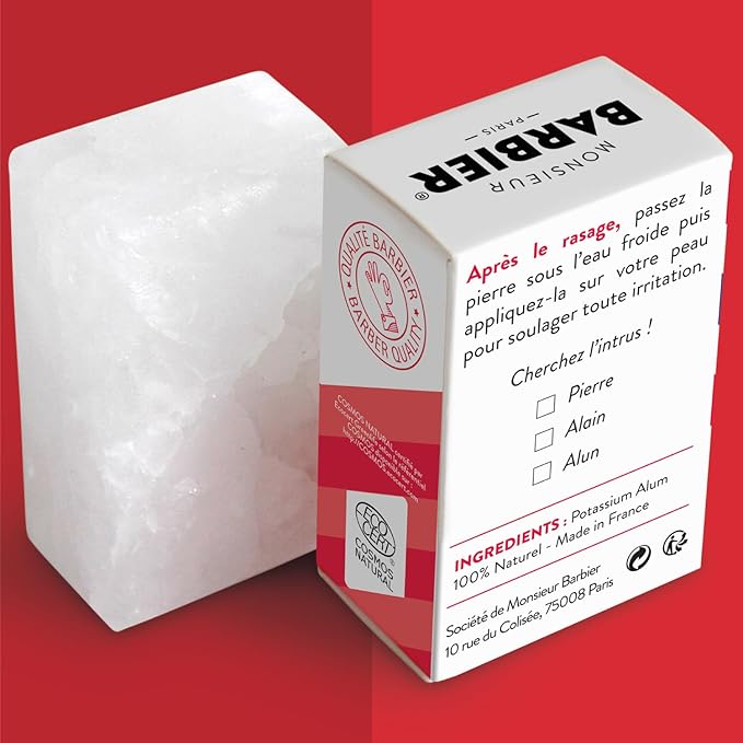 Alum Block for Shaving Alum Stone for Face, Natural Mineral Bar | Soothing Grooming Stone for After Shave, Deodorant Use & Wet Shaving | Soothes Razor Burn Vegan Made in France 75g