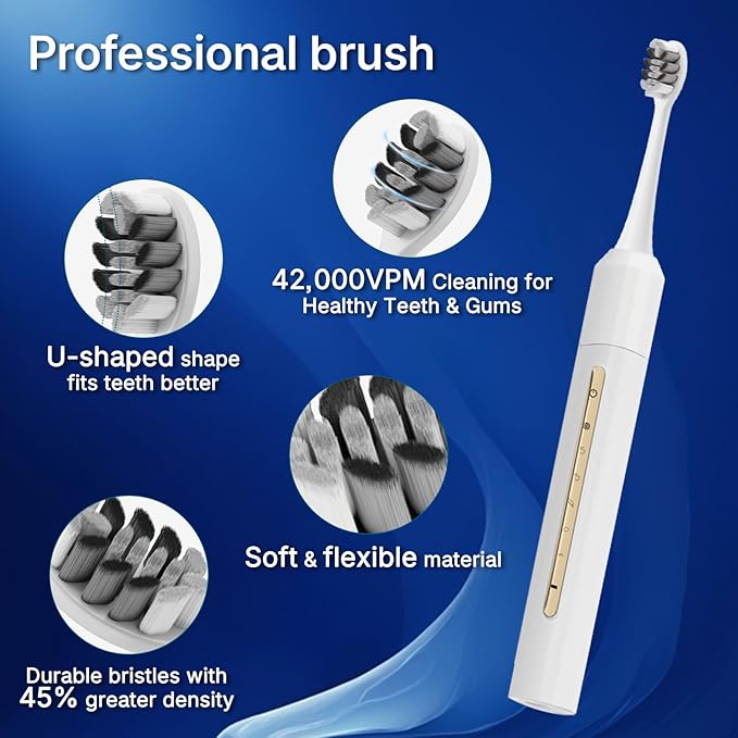 Sonic Electric Toothbrush with 10 Brush Heads for Adults and Children, Up to 90 Days on a Single Charge, 5 Modes, Built-in 2-Minute Smart Timer, IPX8 Waterproof Electric Toothbrush (White)