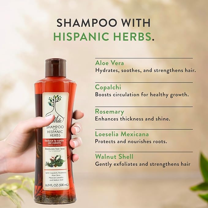 Árbol Verde Natural Anti Hair Loss Shampoo – 16.9 fl oz. Strengthens Hair & Reduces Hair Loss – Infused with Natural Extracts – Suitable for All Hair Types. Made in Mexico