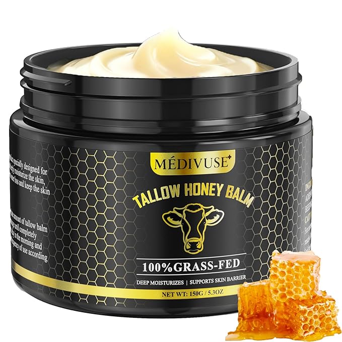 MediVuse Tallow and Honey Balm - 100% Grass-Fed Beef Tallow for Skin with Organic - Deeply Moisturizing Beef Tallow for Face Body - Natural Formula Care for Dry & Sensitive Skin(5.3 OZ), Raw Honey