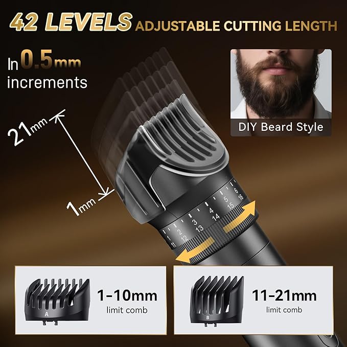 Beard Trimmer for Men - 42 Adjustable Length Settings Hair Clippers, Christmas Gift Professional Body Hair Trimmer for Men Precision Facial Hair Trimming Nose Trimmers LED Display Mustache Trimmers