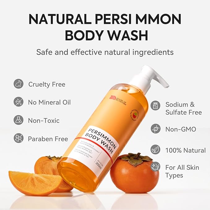 Persimmon Body Wash for Body Odor Control, Natural Deodorizing Soap for Underarms, Intimate Area & Smelly Feet, Deep Cleansing Odor Eliminator with Tea Tree, Family Safe 10 Fl Oz