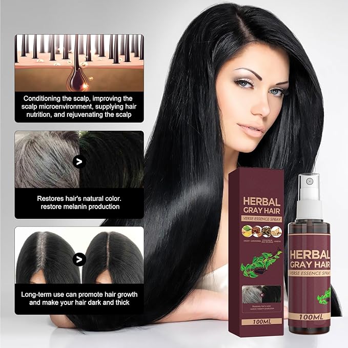 100ml Herbal Hair Tonic Spray for Gray Hair - Turns Gray to Black, Promotes Hair Regrowth & Reduces Dandruff - Natural Scalp Treatment with Ginseng & He Shou Wu