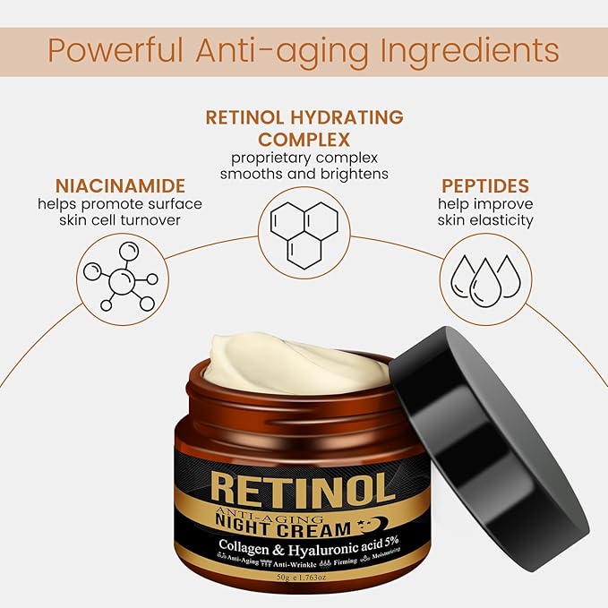 Retinol Anti-Aging Night Cream with Collagen & Hyaluronic Acid, Night Anti-Wrinkle Face Moisturizer for Men, Smooth Fine Lines, Tightening & Hydrating Men's Routine Skincare, 50g/1.76oz