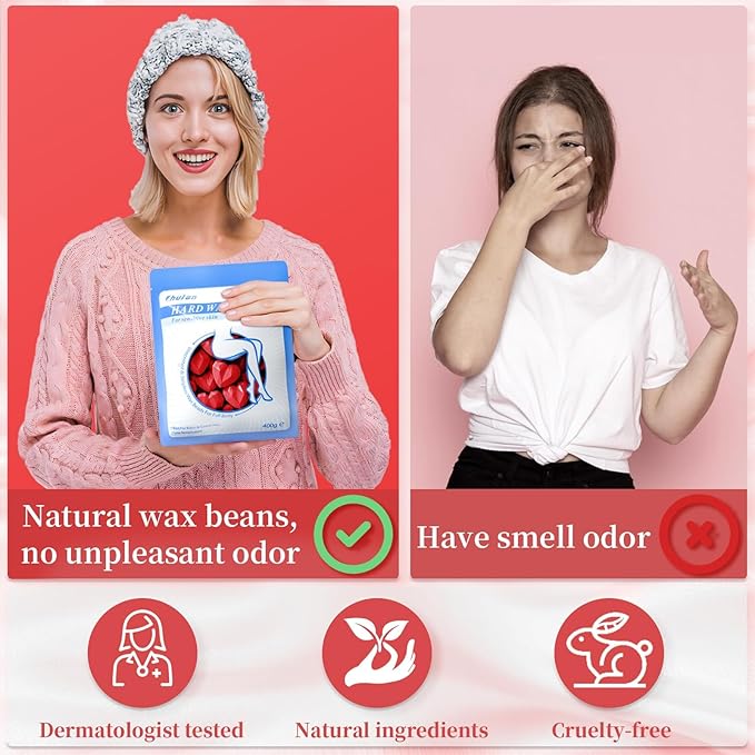 Chulan Hard Wax Beads, 400g Waxing Beads for Sensitive Skin Coarse Hair Removal, Bikini, Full Body, Face Brazilian Waxing, Legs, Fragrance Allergen Free Cute Red Heart Shape