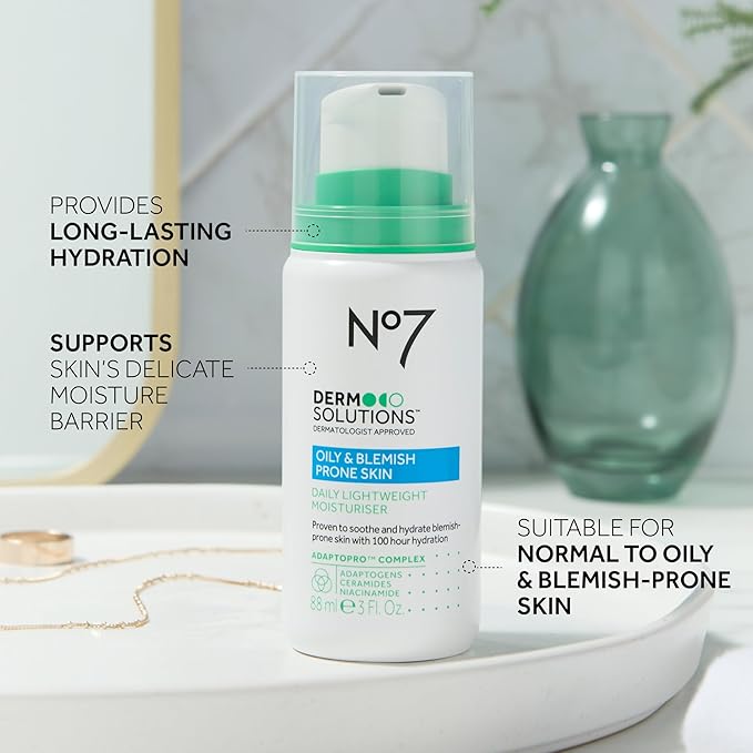 No7 Derm Solutions Daily Face Moisturizer - Hydrating Lotion Formulated with Ceramides & Niacinamide to Help Maintain Moisture Barrier - For Oily & Blemish-Prone Skin (3 Fl Oz)